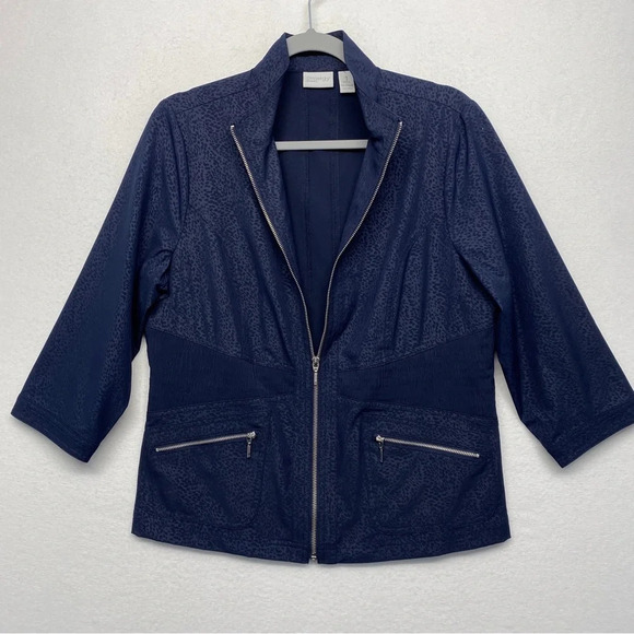 Zenergy Chico's Jacket Navy Blue 1 / Small Leopard 3/4 Sleeve - Picture 1 of 6